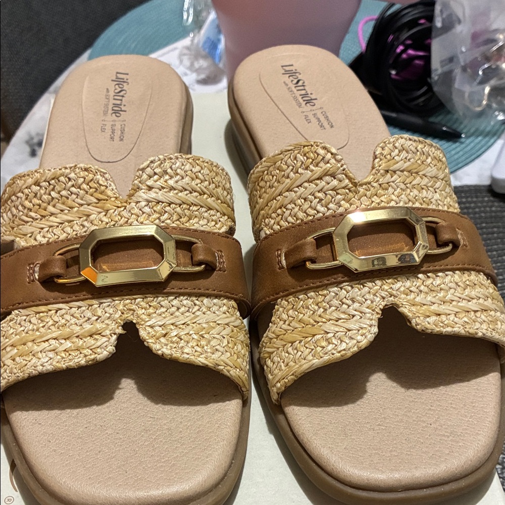 Life Stride Tan Braided Slide Sandals with Brown Strap and Gold Accent